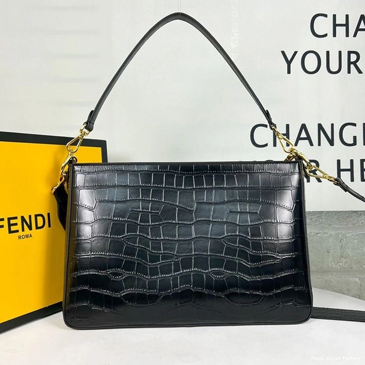 Vintage HOT Leather Bag Crocodile In Fendi Black Shoulder Zip O'Lock 0809